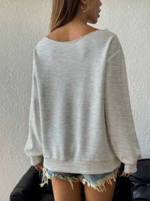 SHEIN EZwear 大码花卉印花露肩宽松长袖女式运动衫，秋冬季 - 淺灰色 - 查看 2