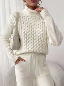 EURMUSE 2pcs Women Set: Solid Color High Neck Raglan Loose Cable Knit Sweater & Loose Straight Pocket Sweatpants - Beige - View 7