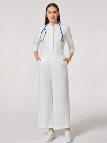 TaskEZ 1 Set Solid Color Long Sleeve Long Pants Uniform Button White Lab Coat Nurse Uniform Dental Clinic Pet Hospital Work Uniform Scrub Set With Pockets (Top And Pants) - White - View 8