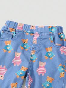 SHEIN Young Girls' Adorable Bear Print Elastic Waist Pocket Sweet Style Jeans
