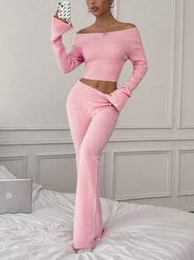 SHEIN Unity 2pcs/Set Casual Versatile Off-Shoulder Knit Sweater - Pink - View 3