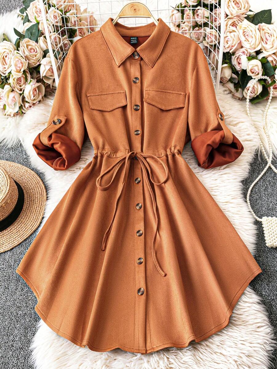 SHEIN Clasi Casual Solid Color Suede Shirt Dress, Autumn Fall/Winter - Coffee Brown - View 1