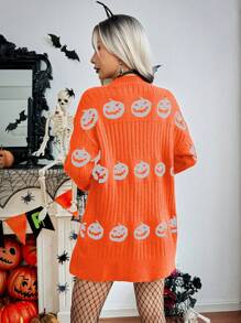 SHEIN Unity 女式万圣节骷髅印花落肩长袖休闲开衫，秋冬 - 橘色 - 查看 2