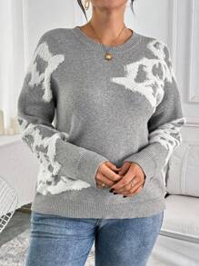 EMERY ROSE Plus Size Women's Jacquard Knitted Long Sleeve Sweater - Grey - View 3