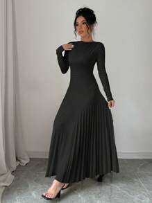 Rafferiza Women's Elegant Long Sleeve Waist Pleated Long Dress, Fall/Winter Maxi Women Outfit - Black - View 6