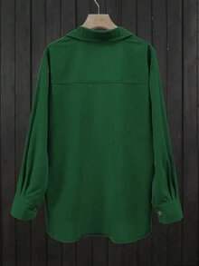 Women's Casual Solid Color Button Down Patch Pocket Loose Blouse, Autumn - Dark Green - View 3