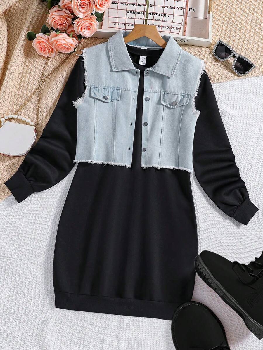 Teen Girl Blue Denim Crop Jean Jacket & Black Long Sleeve Hoodie Casual Set, Autumn - Black - View 1