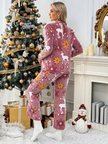 SHEIN 2pcs Christmas Maternity Long Sleeve Top & Pants, For Winter - Multicolor - View 2