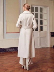 ZEYLAH WOOL LAPEL COLLAR FLAP DETAIL BUCKLE BELTED OVERCOAT - Beige - View 8