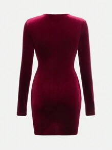 SHEIN Teen Girls' Burgundy Velvet Elegant Ruched Waist Mini Dress With Long Sleeves - Burgundy - View 3