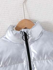 SHEIN Tween Girls Metallic Coated  Padded Short Stand Collar Jacket, Fashionable Streetwear, Casual, Personalized