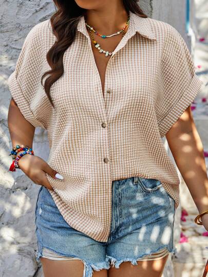 Calvaya Random Plaid Print Plus Size Women Loose Batwing Short Sleeve Casual Shirt, For Summer