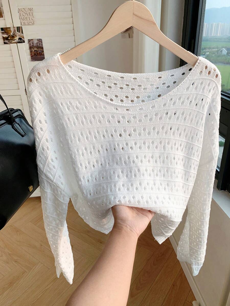 Comfortcana Suéter holgado casual de cuello redondo y manga larga con diseño de calado para tallas grandes - Blanco - Ver 1