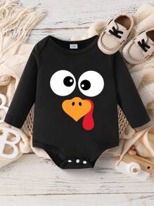 男婴趣味火鸡印花长袖连体衣，感恩节秋季款 - 黑色 - 查看 3