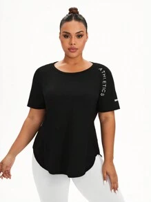 SHEIN Rhythm Era Áo thun thể thao tay ngắn in chữ cỡ lớn dành cho nữ tập gym - màu đen - Xem 3