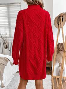 SHEIN LUNE 2024 Fall/Winter New High Collar Cable Knit Sweater Women, Vintage Oversized Thick Pullover Midi-Length - Burgundy - View 4