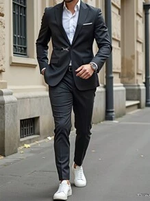 Manfinity Mode 男士纯色翻领长袖上衣和裤子套装