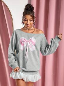 SHEIN SXY Grey Sweatshirt With Bow Print & Dropped Shoulders, Autumn/Winter Pullover Fall - Grey - View 6