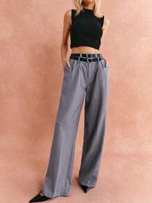 Poéselle Pantaloni grigi, dotati di due cinture, pantaloni larghi casual da donna adatti a tutti i giorni con doppia vita e tasche inclinate, adatti per l'autunno, pantaloni larghi extra lunghi, outfit da donna per l'autunno, tute, stile semplice e alla moda, stile old money, adatti per ufficio, strada, casa, pendolarismo e altre occasioni - Grigio - Visualizzare 4