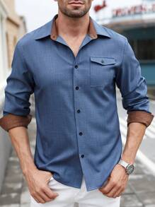 Manfinity Homme Áo khoác nam thường ngày màu khối cài nút có túi phía trước, mùa thu - Màu xanh lam - Xem 4