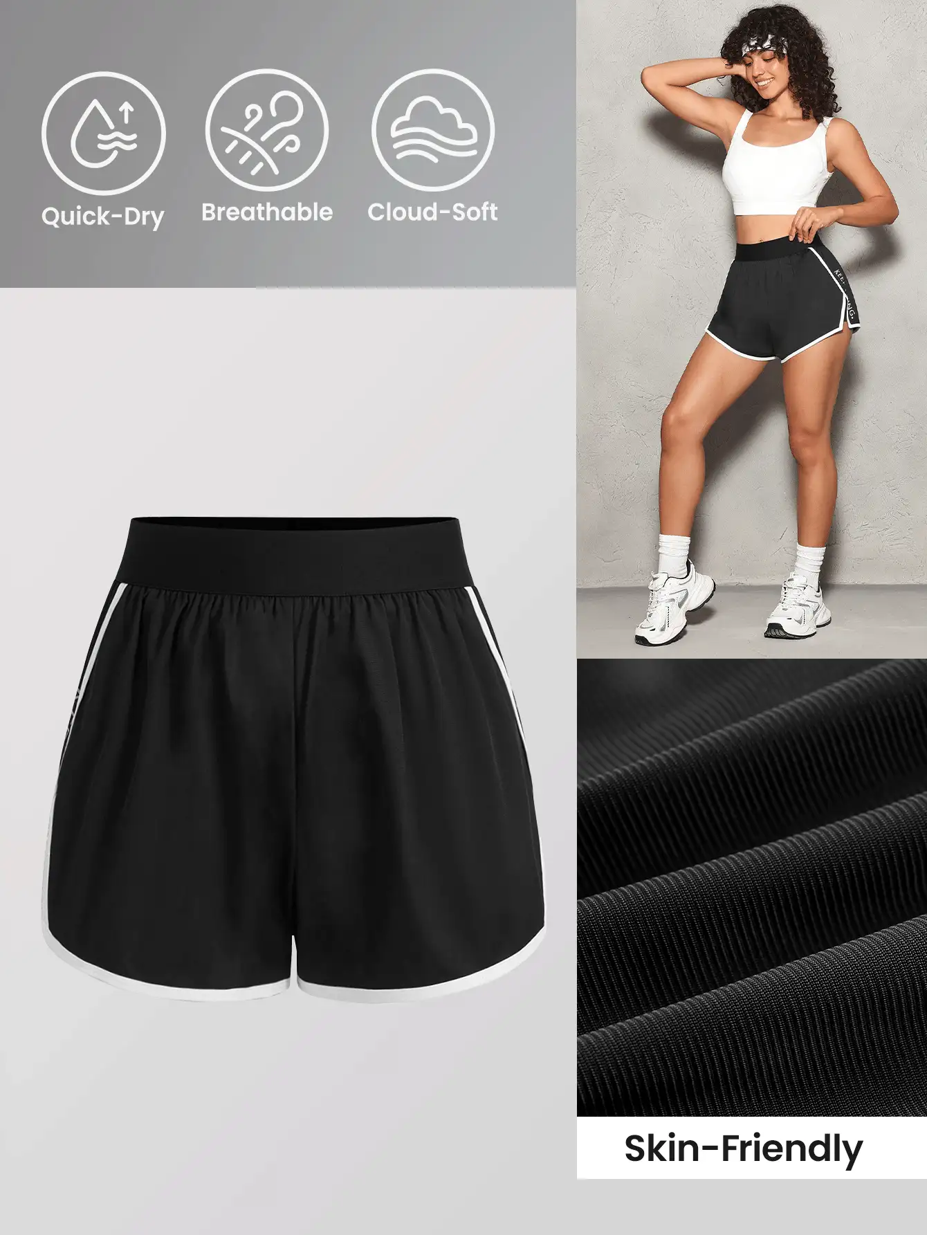 SHEIN Sports Contrast Trim Letter Print Sports Shorts Sweater Shorts - Black - View 2