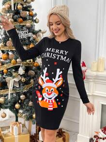 SHEIN 孕妇装 女式字母印花圣诞修身长袖连衣裙 黑色 - 黑色 - 查看 5
