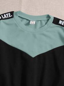 SHEIN 2 件青少年女孩拼色针织圆领运动衫和裤子运动休闲装 - 薄荷綠 - 查看 4