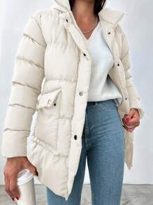 EURMUSE 女士纯色拉链休闲日常夹克，简约时尚，冬季 - 杏色 - 查看 3