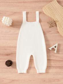 SHEIN Bộ đồ liền thân thêu chữ tối giản Ins, quần yếm dệt kim màu trắng ấm áp đa năng thời trang giản dị - trắng - Xem 2