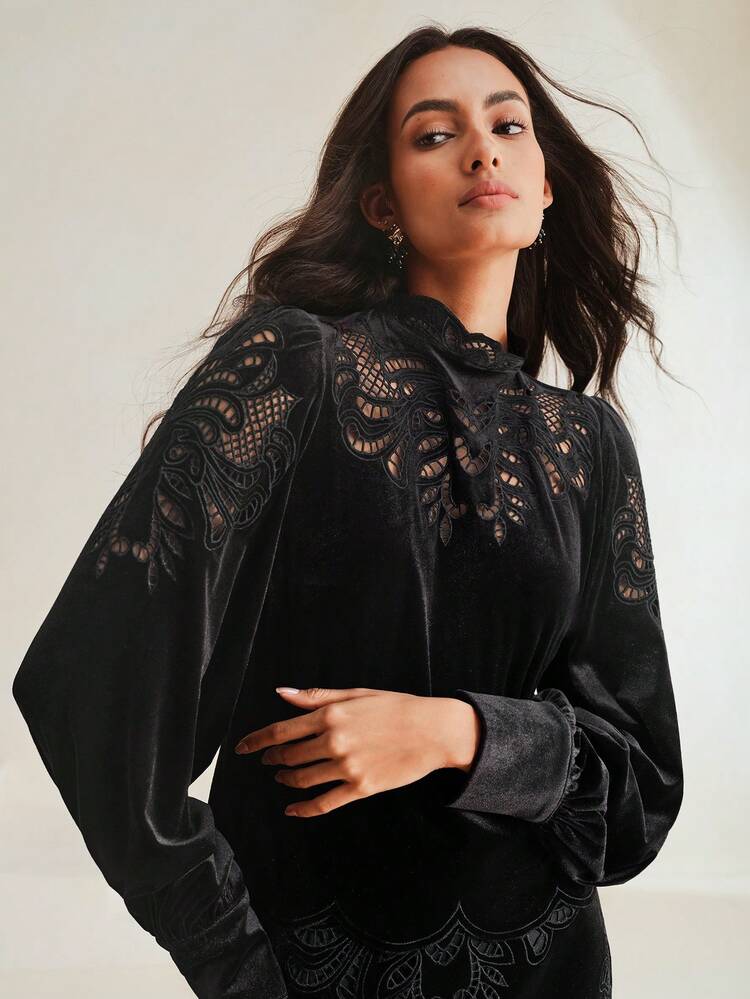Women Stand Collar Lantern Sleeve Lace Embroidery Velvet Blouse And Straight Skirt 2pcs Suit Set, Autumn/Winter