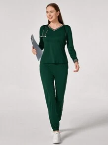 TaskEZ 2pcs Women Color Block V-Neck Long Sleeve Top And Tie Waist Pants Nurse Scrub Uniform Set