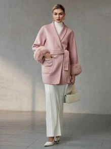 MOTF PREMIUM WOOL SHAWL COLLAR FLUFFY CUFF PATCH POCKET BELTED OVERCOAT - Baby Pink - View 8