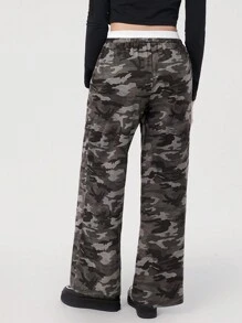 Easelle 女士休闲迷彩印花阔腿裤，适合秋季外出 - 軍綠色 - 查看 3