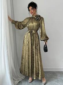 Selianne 立领光泽领口 3D 花朵装饰女式长袖收腰连衣裙新年节日派对服装长款女装 - 金色 - 查看 1