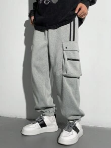 SHEIN Tween Boys' Casual Striped Pocket Zipper Ribbed Cuff Sweatpants, Contrast Drawstring, Versatile For Daily Wear, Spring/Summer/Autumn/Winter, School/Street Style