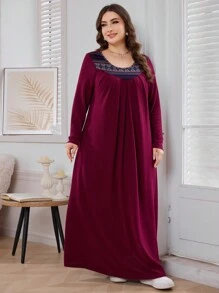 Al Najma Váy Maxi Dài Tay Xếp Ly Cổ Tròn Cỡ Lớn Cho Nữ, Mùa Thu/Đông, Váy Maxi Áo Thun Đơn Giản, Dành Cho Thường Ngày - Nhiều màu - Xem 4