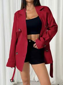 SHEIN EZwear Double-Breasted Solid Color Fashion Mid-Length Cinched Waist Long Sleeve Trench Coat In Fall/Winter - Red - View 4