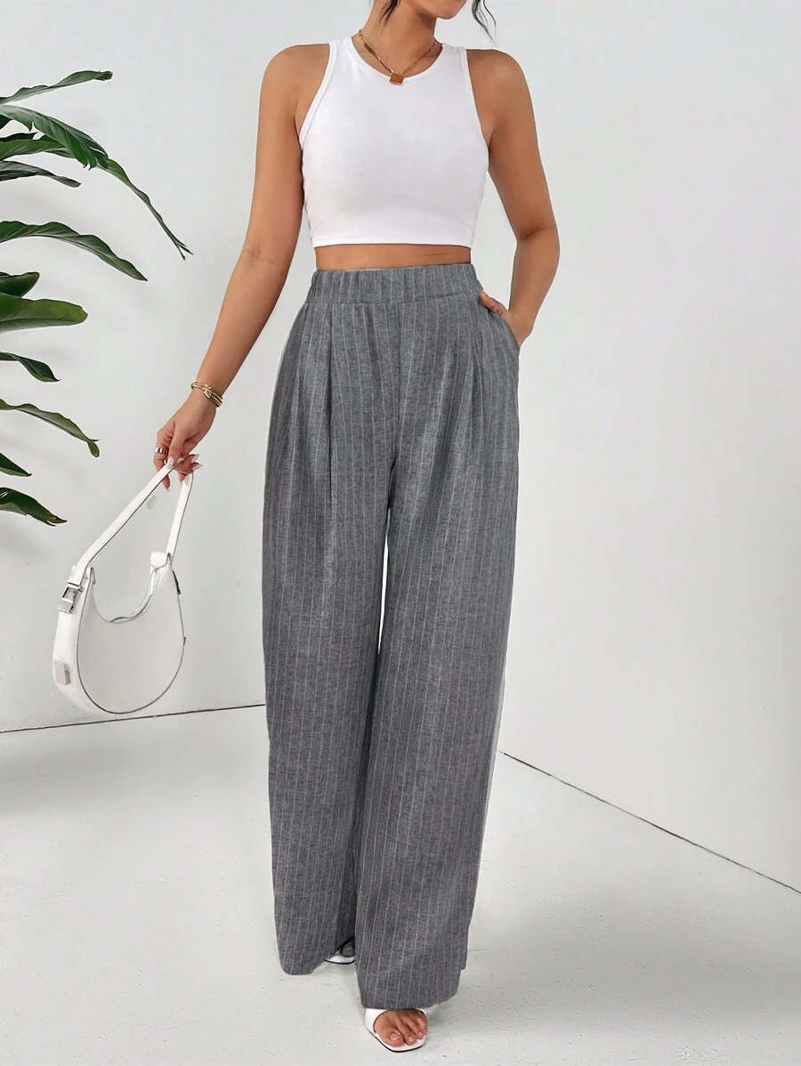 SHEIN Essnce 女式休闲条纹直筒基本款长裤 - 黑色 - 查看 1