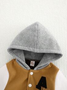 Cozy Pixies Baby Boy Casual Versatile Letter Print Contrast Color Hooded Baseball Jacket, Fall Clothes - Khaki - View 4
