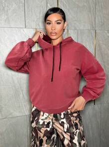 SHEIN SXY 落肩抽绳连帽衫，适合派对、性感生日、情人节、单身派对等场合，春季款。 - 酒紅色 - 查看 5