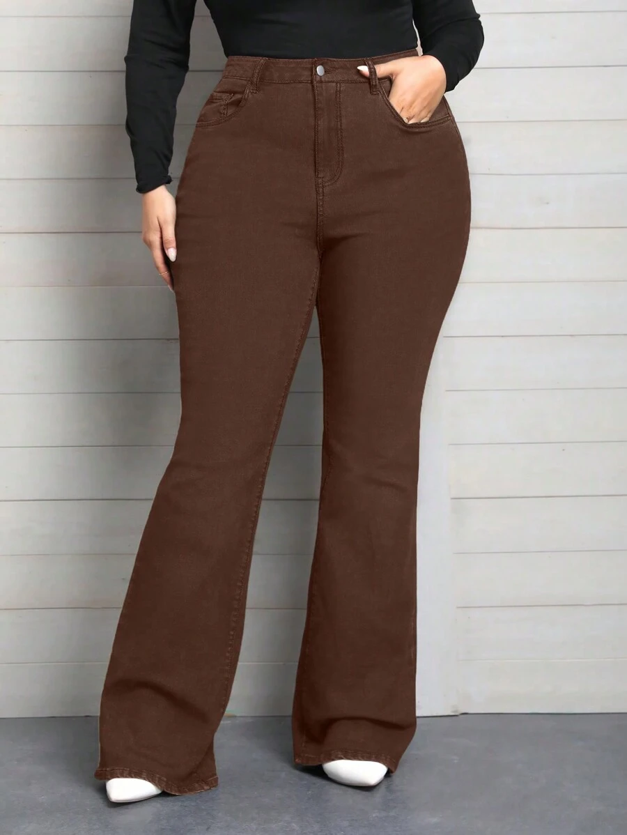 EMERY ROSE Quần Jeans Ống Loe Co Giãn Cỡ Lớn Cho Nữ, Màu Đỏ Tía, Thu/Đông - Cà phê nâu - Xem 1