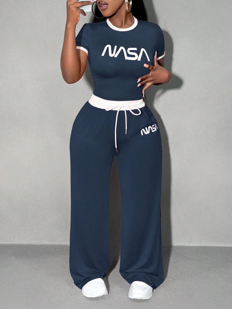 SHEIN SXY Summer;2pcs/Set Rose Pink Comfy Contrast Trim Sporty Outfit - Fitted Short Sleeve T-Shirt & Relaxed Wide Leg Pants - Navy Blue - View 1