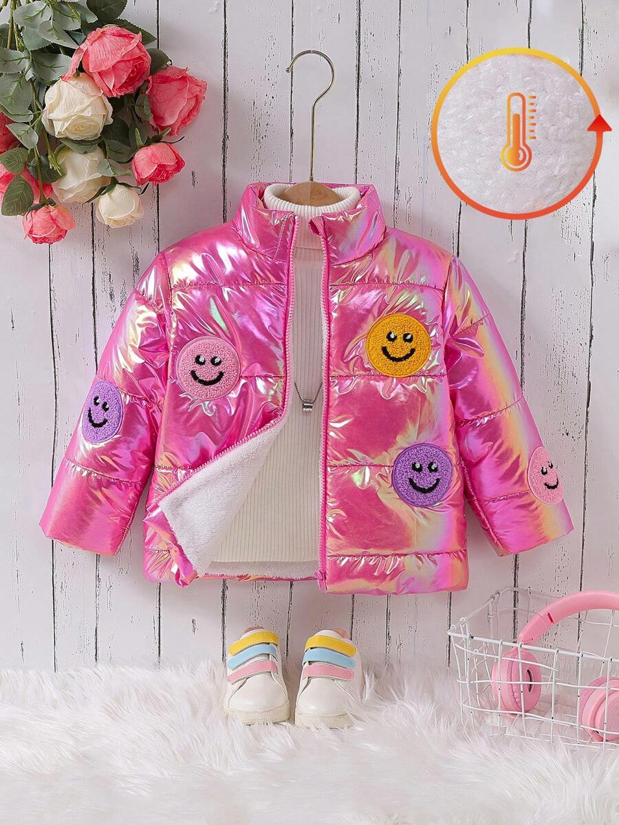 SHEIN 1pc Young Girls Casual Cute Pink Stitched Holographic Patch Zipper Coat Winter Warm - Pink - View 1