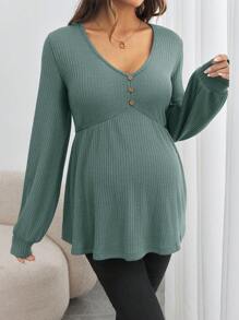 SHEIN Blusa de maternidad de manga larga, cuello en V, ajuste holgado con botones frontales