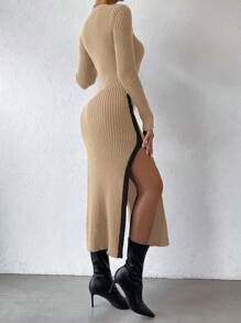 Calvaya Vestido elegante de mujer con bloques de color, cuello redondo, manga larga, costados con abertura y bajo con abertura