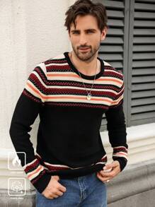 Manfinity Homme 男士休闲条纹圆领宽松长袖毛衣，秋冬 - 黑色 - 查看 6