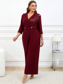 SHEIN Clasi Bộ đồ liền thân thanh lịch tay 3/4 có ve áo cổ vá sequin cỡ lớn cho nữ - Màu Đỏ Sâu - Xem 7