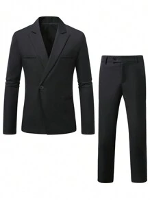 Manfinity Mode 大码男士纯色翻领长袖单排扣西装外套和裤子套装，秋季商务休闲装 - 黑色 - 查看 3