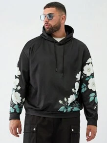 Mainfolk 大码男士宽松花卉印花休闲连帽毛衣，适合秋冬 - 黑色 - 查看 4