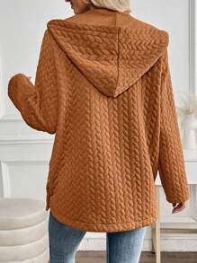 SHEIN Unity Casual Textured Button-Up Loose Hooded Jacket, Autumn - Coffee Brown - View 2